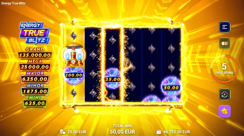 Energy True Blitz - メインゲームにおける稲妻とスピン